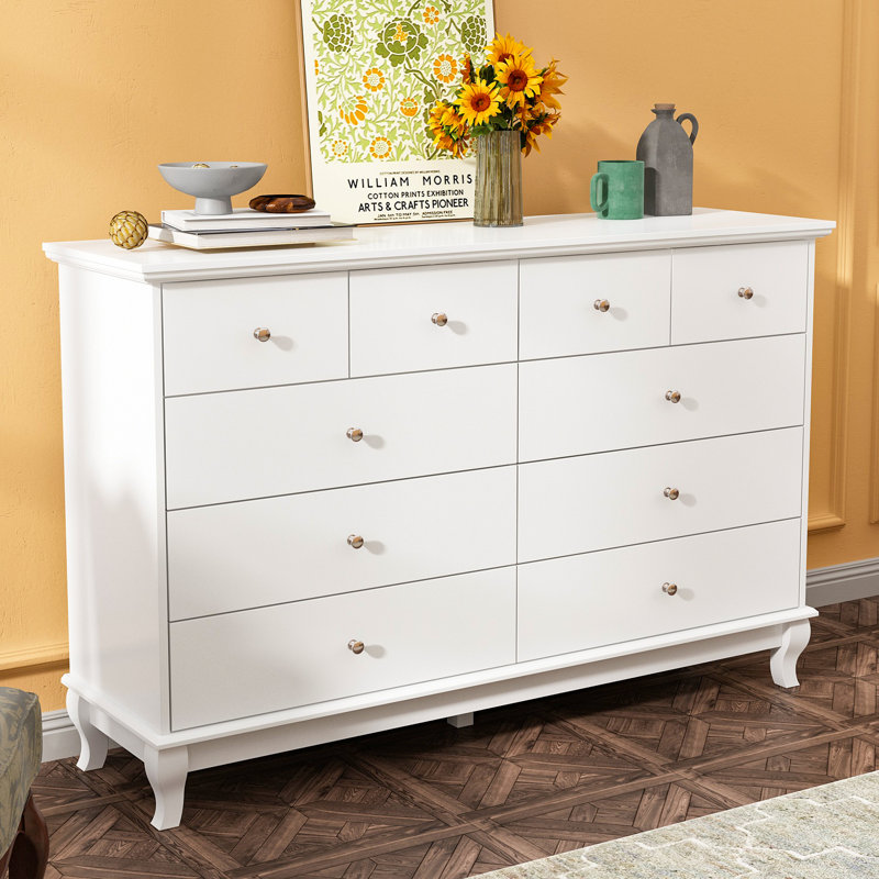 55.1'' W 10 - Drawer Dresser, White/Silver