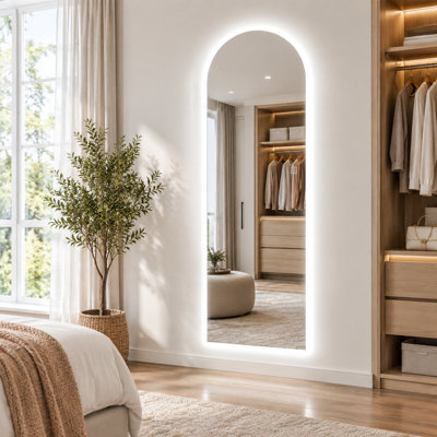 Miroir arqué pleine longueur 65 po x 21 po à DEL, miroir lumineux mural avec bord givré, gradation continue et 3 températures de couleur, verre argenté HD pour la chambre à coucher, le garde-robe et le vestiaire