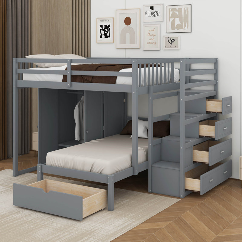 Lit superposé double au-dessus de simple avec garde-robe et tiroirs