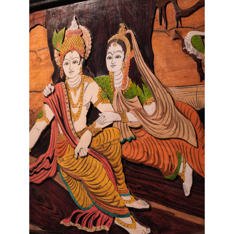 Art mural en bois sculpté à la main Radha Krishna 3D avec incrustation, panneau spirituel de 48 pouces