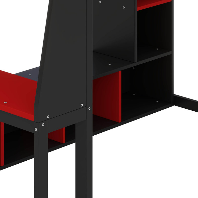 Full Gaming Loft Bed With Desk And LED Lights, Open Wardrobe And Multi-Storage Shelves