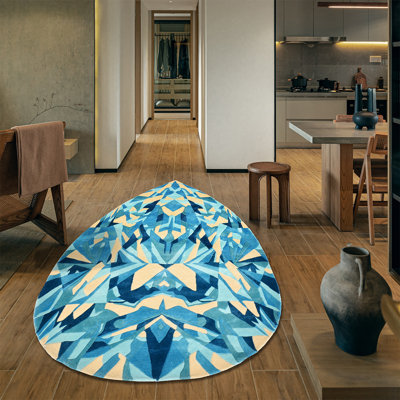 Tapis en laine / viscose abstrait noué à la main bleu clair / noir / beige
