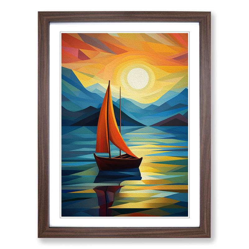 Boat On A Lake Orphism - Single Picture Frame Print on Wood, Walnut, 64cm H x 46cm W x 2cm D