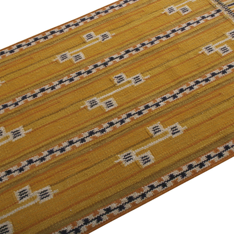 Rug & Kilim’S Scandinavian Style Striped Yellow And Black Wool Kilim Runner, Rectangle 12' x 15'