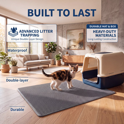 Extra‑Large Double Honeycomb Cat Litter Mat, 70×120cm Silicone Litter Trapping Pad, Waterproof Non‑Slip Scatter Control Mat in Gray or Black, Prevent Litter Mess Outside Cat Litter Box