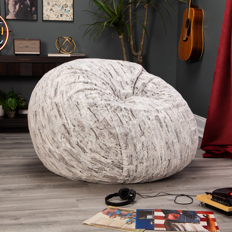 Saxx 4 Ft Plush Round Bean Bag - Premium Luxe Faux Fur, Silver Fox