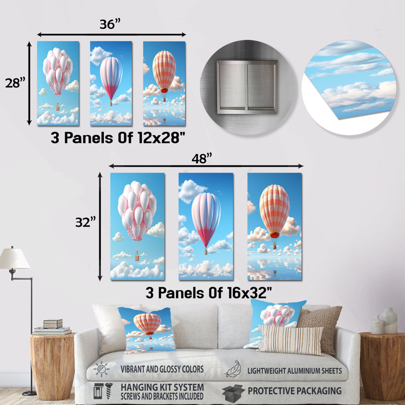 Skyhigh Balloon Whimsy - montgolfière, ensemble de 3 impressions sur métal, H 28 po x l 36 po