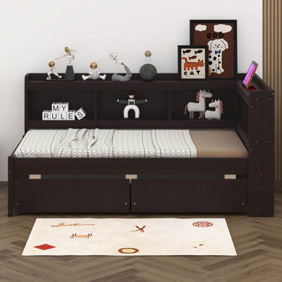 Daybed With Drawers, Solid Wood Corner Bed Frame With L-Shaped Bookcase, Power Outlets And USB Charging Ports by Lark Manor