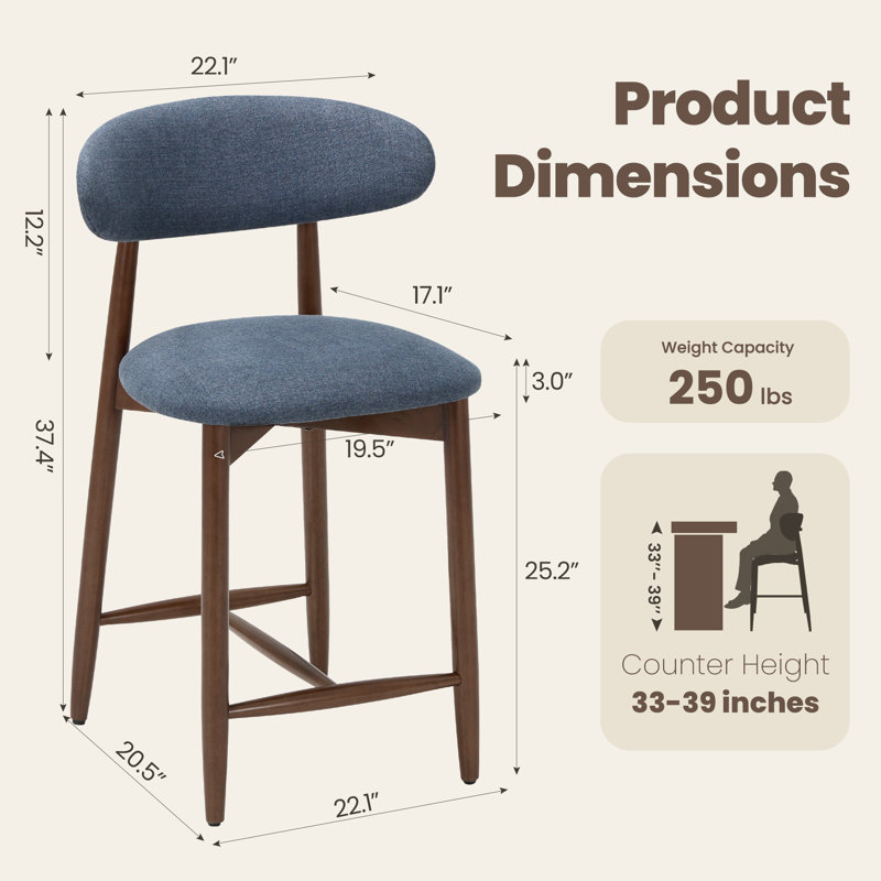 Tabouret de comptoir rembourré Solon avec structure en bois massif, Bleu