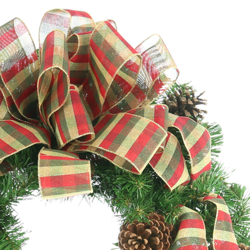 Evergreen Wreath with Pinecones and Plaid Ribbon
