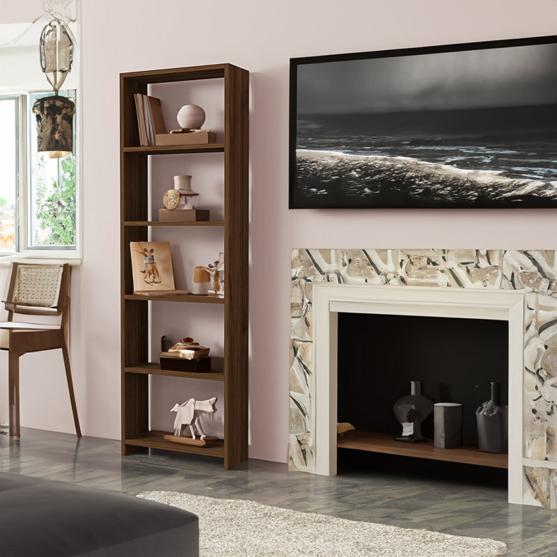 Modern Walnut Bookshelf, 50 x 63 x 7.7 inches | 100% Melamine Coated Particle Board, Thickness: 0.7 inches | Numerous Shelves, Wall-Mountable Design for Extra Storage | Elegant Solid Color for Home & Office