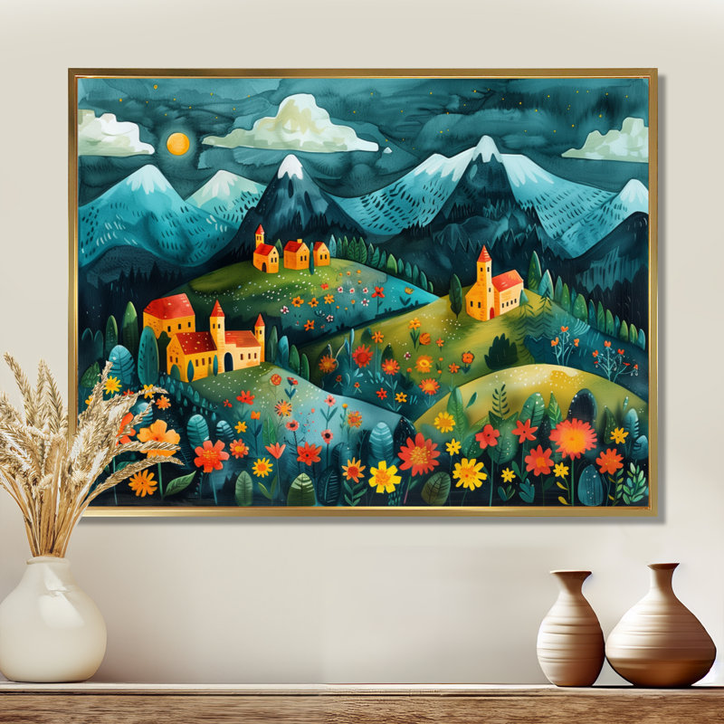 «Blue Red Summer Mountain Village Dream», reproduction d'art mural de ferme, Cadre flottant doré, H 16 po x l 32 po