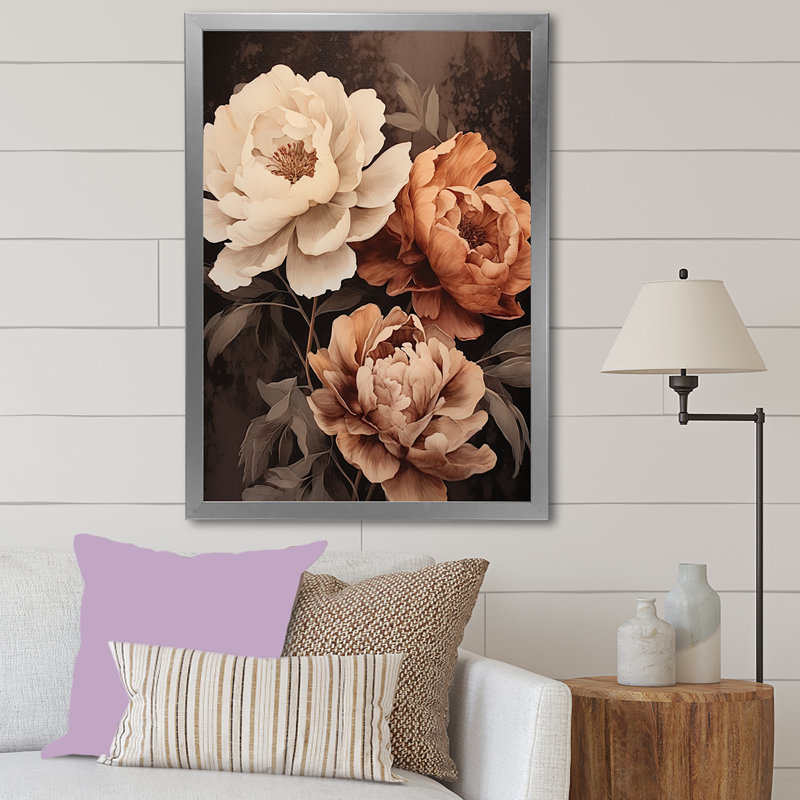 Pivoines botaniques rétro dévoilées II sur toile, Cadre photo argenté, H 20 po x l 12 po x P 1 po