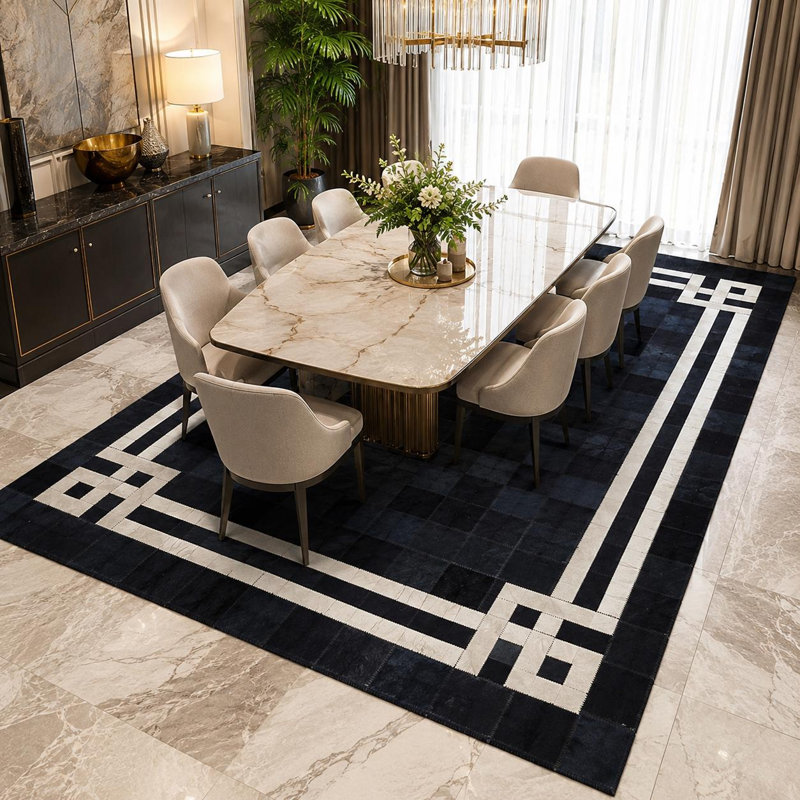 Tapis noir en cuir de vache patchwork, bordure Art déco, tapis en cuir de luxe, 9 x 12 pi