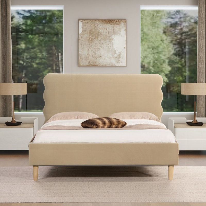 Queen Modern Wavy Headboard Platform Bed - No Box Spring Needed, Durable!, Brown, Queen