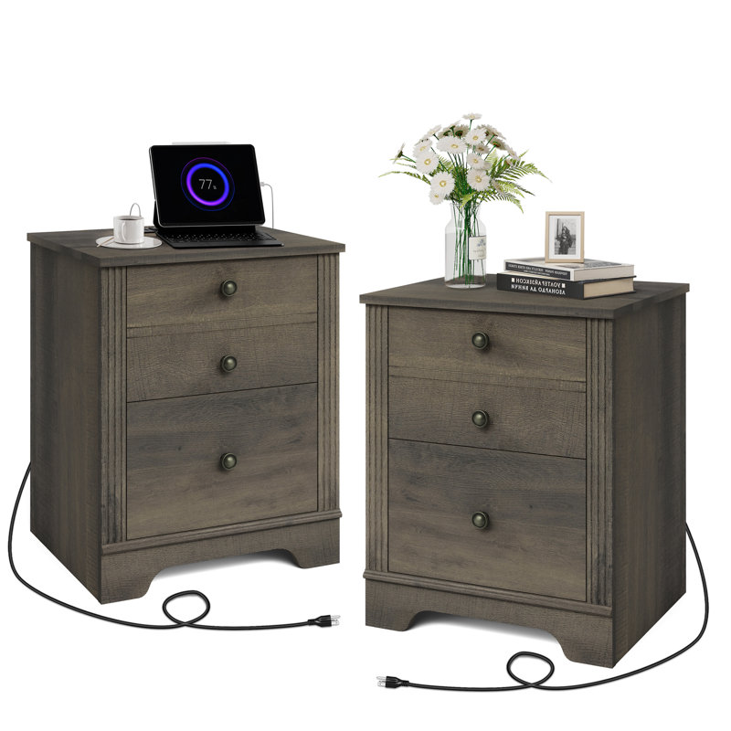 Annejet 2 - Drawer End Table Set and Built-In Outlets, Grayish Brown