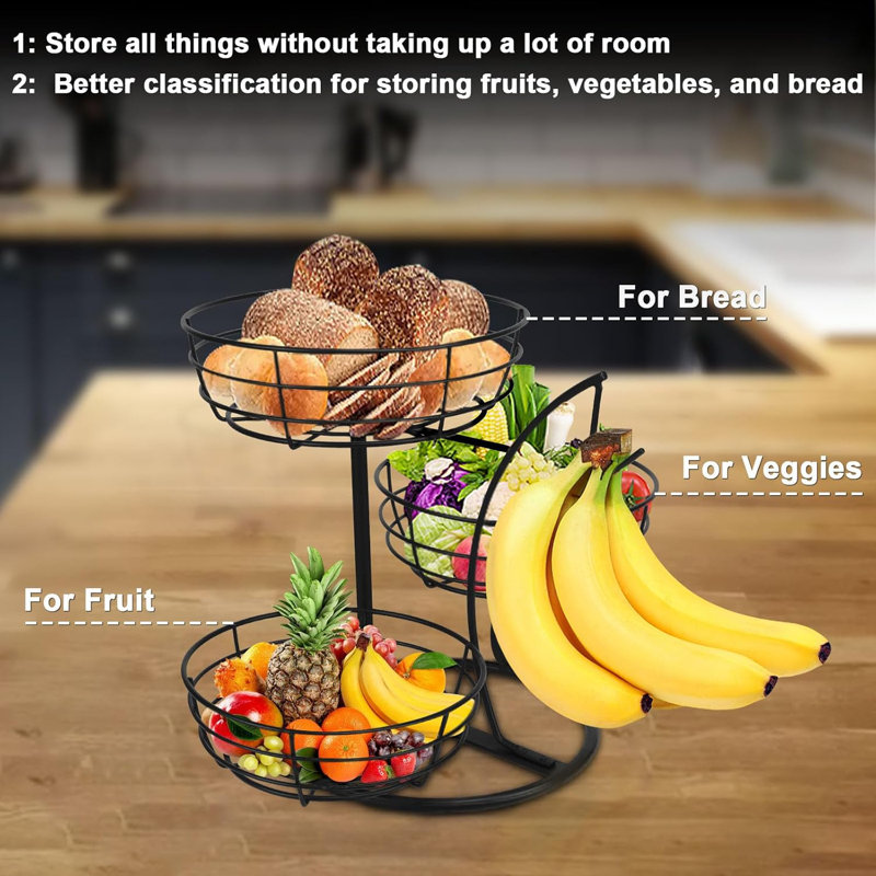Panier à fruits avec support à banane, panier de rangement pour fruits et légumes avec support à bananier pour comptoir de cuisine, organisateur amovible pour grignotines à pain (noir, base en métal à 3 niveaux)