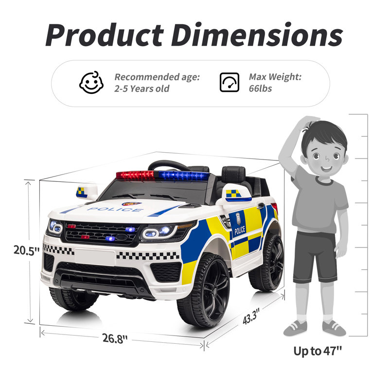 Voiture de police électrique pour enfants, enfants 24 volts avec jouets 400 W, mégaphone, télécommande, Bluetooth, Blanc