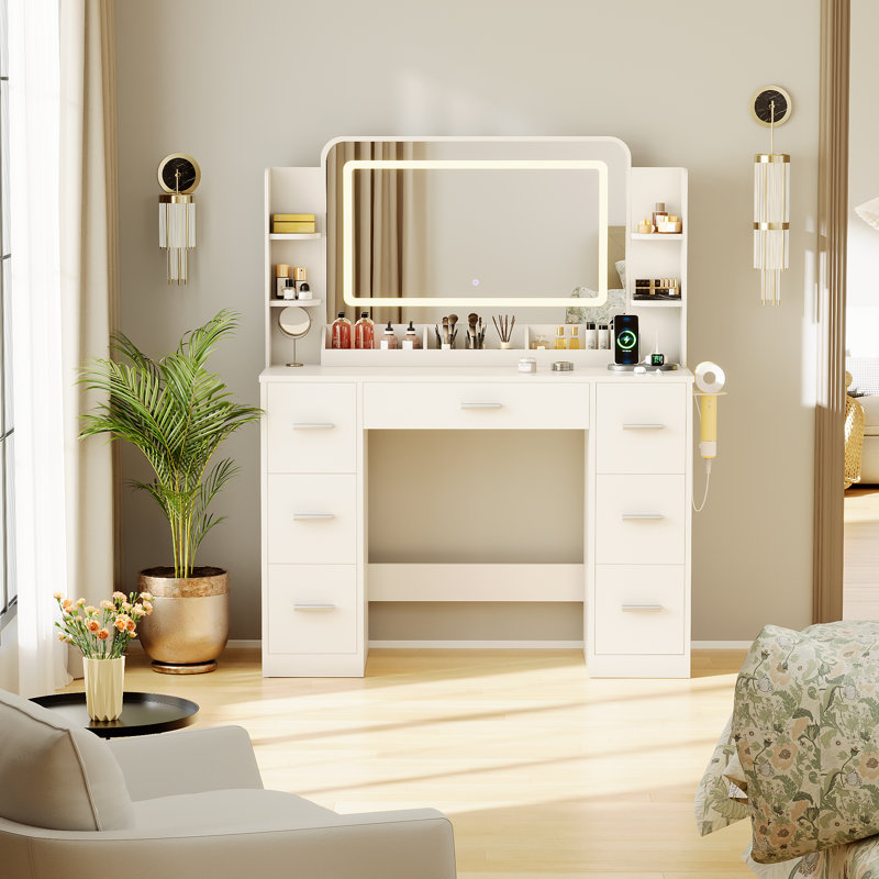 Vanity Desk with Mirror and Lights, 43.3" 7 Drawers, Charging Station, White
