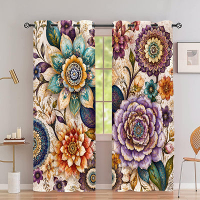 2Pcs Bohemian Floral Mandala Grommet Blackout Curtains, Exotic Mandala Floral Art Design, Noise Reducing, Sun Blocking, Room Darkening, Privacy Protection, for Guest Room Home Decor