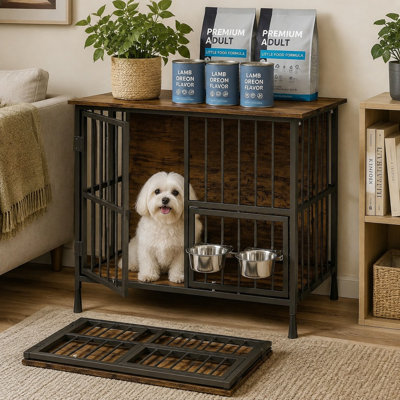 Meuble de rangement pour chien pliable brun de 27 pouces, petit chenil avec deux bols, plateau de table et rangement en bois, cage de style intérieur pour petits et moyens chiens, porte pivotante pour aliments