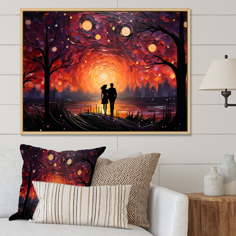 Abstrait couple romantique pointilisme paysage, H 12 po x l 20 po x P 1 po, Cadre naturel flottant