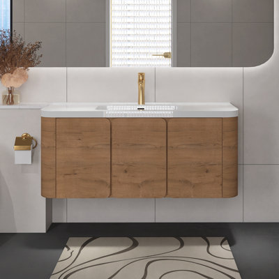 Imitative Oak 48 Inch Wall-Mounted Bathroom Vanity With White Resin Sink,3 Soft-Close Doors