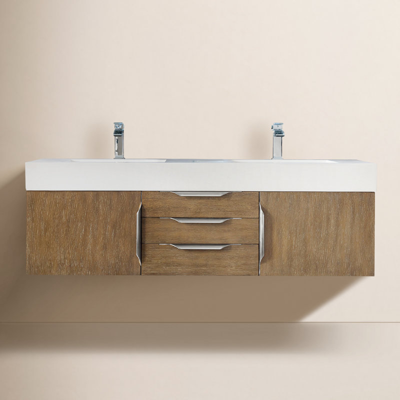 Mercer Island 60'' W Double Vanity, Radiant Gold, Glossy White, Latte Oak