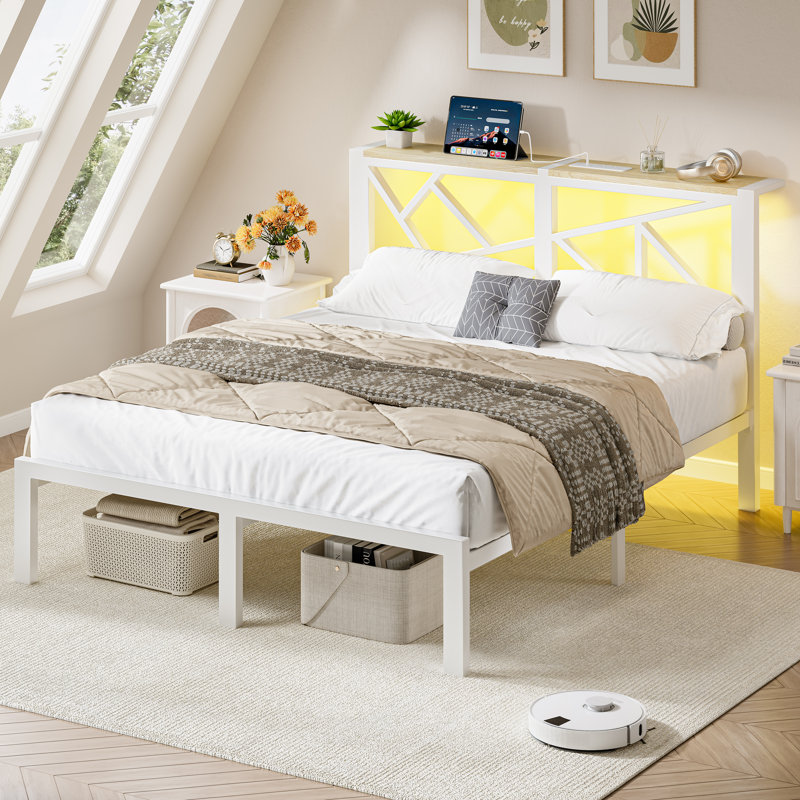 Metal Bed Frame  with LED Light and Charging Station, Storage Headboard, No Box Spring Needed, Full, White