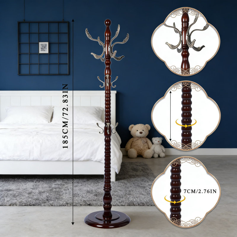 Portemanteau autoportant en bois avec 14 crochets et hauteur réglable, portemanteau robuste avec base ronde solide pour l'entrée, le couloir et la chambre à coucher