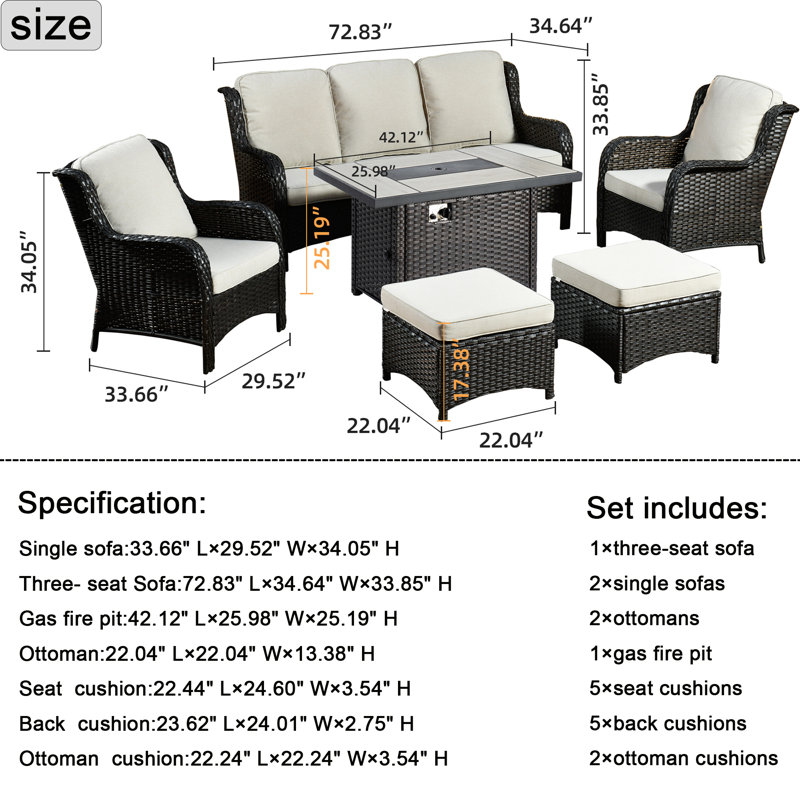 Ensemble de patio complet 6 pièces avec coussins NTC, Beige