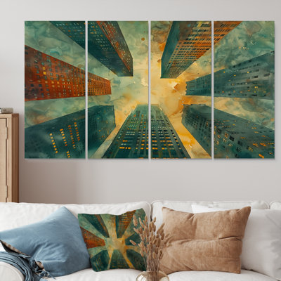 Vert, rouge, urbain, rétro, gratte-ciel, ensemble d'art sur toile gratte-ciel