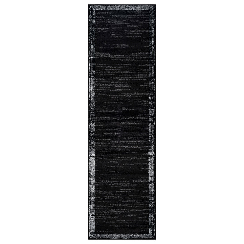Geometric Border Black/Ivory Minimal Indoor Woven Area Rug, Runner 2'2" x 12'