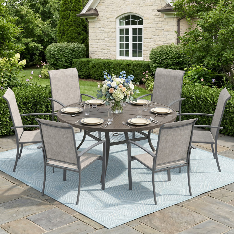 6-Person Round Patio Dining Set With Stackable Textilene Chairs, Brush Wood Gray/Gray