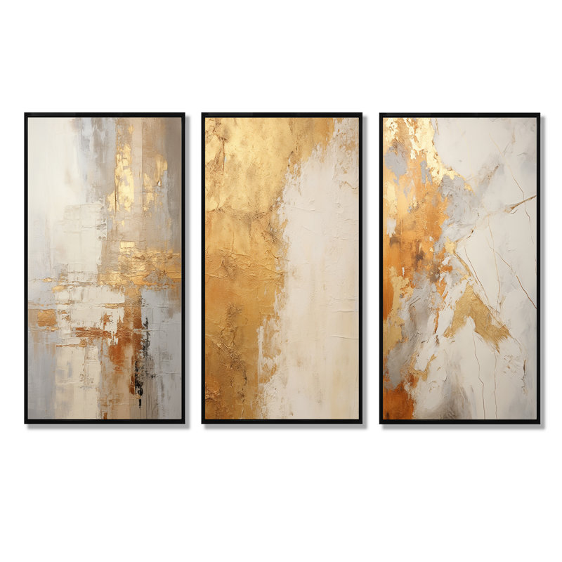 Ensemble de 3 décorations murales abstraites dorées et blanches, H 28 po x l 36 po, Cadre flottant noir
