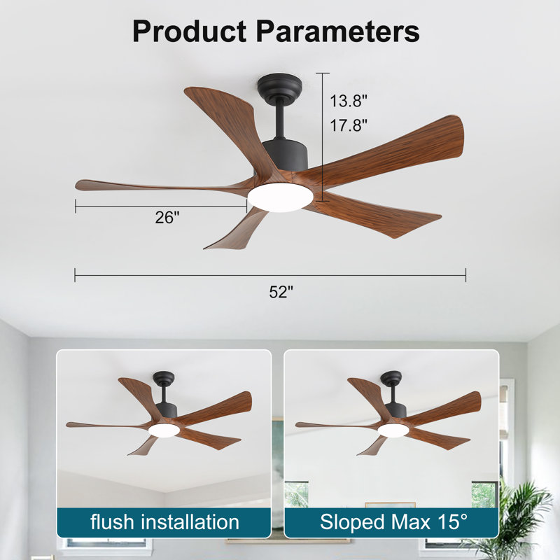 Ferrete 52" Indoor Ceiling Fan With Led Light And Remote, Modern 5-Blade Design Ceiling Fans for Living Room, Walnut