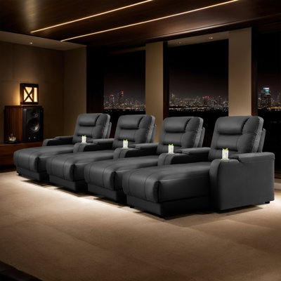 Luxury Faux Leather Chaise Lounge Recliner - Quadruple Seat Home Theater Seating With Adjustable Backrests, Wireless Charging, And Cup Holder (Set Of