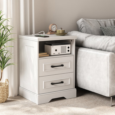 Valera Farmhouse Nightstand With Charging Station, 2 Large Drawers & 2 USB ports with Open Storage