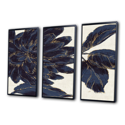 Indigo or fleur métallique - 3 pièces, peinture sur toile