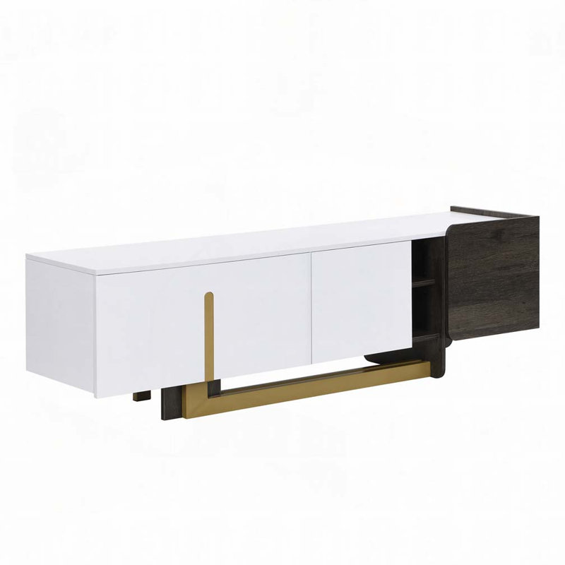 TV Stand with 1 Drawer, 2 Cabinets, Adjustable Shelves and Metal Legs, White