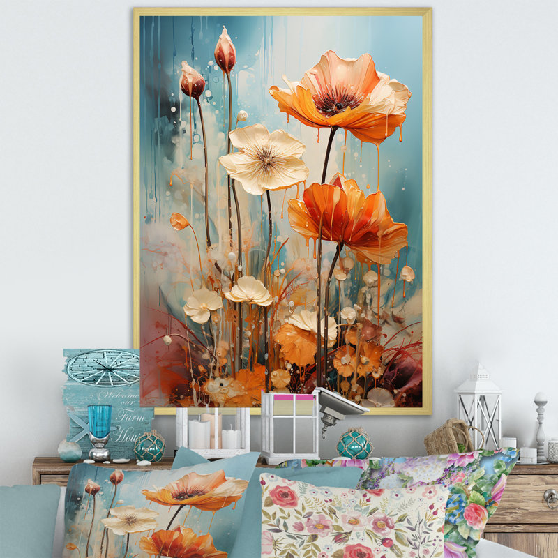 Peach Wonderland Flower Garden I - Fleurs, impressions sur toile, Encadrement doré, H 40 po x l 30 po x P 1,5 po