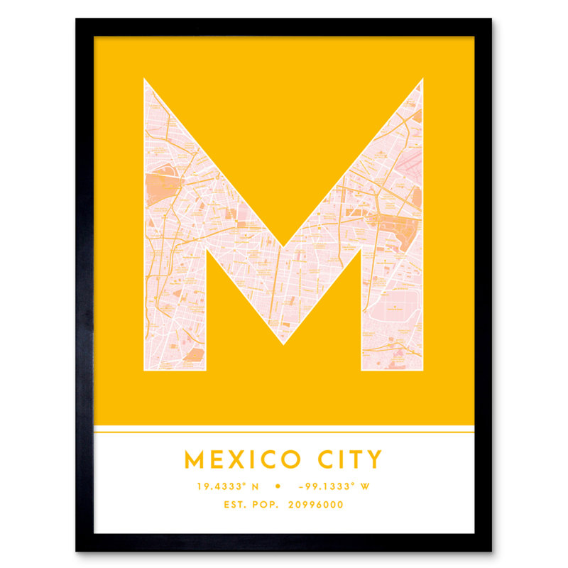 Mexico City City Map Mexico City Yellow by Wee Blue Coo - Single Picture Frame Typography