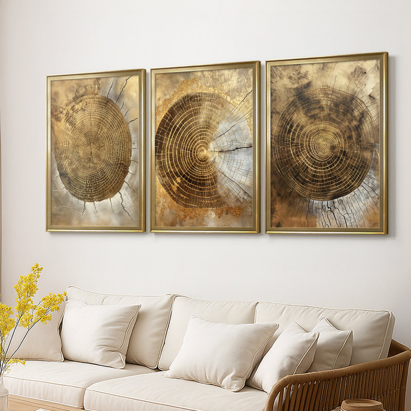 Série ABSTRACT CCXI - Toile tendue avec châssis encadré - 3 pièces, H 27 po x l 39 po, Doré