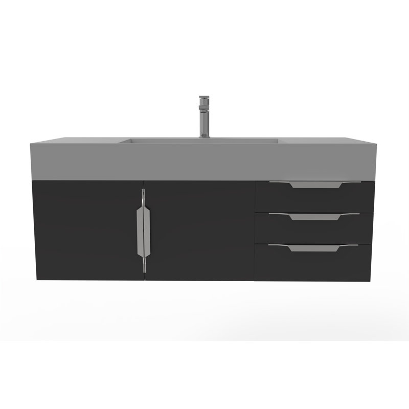 Meuble-lavabo mural simple 48 po avec comptoir à surface solide 48 po, gris, Noir, Nickel brossé