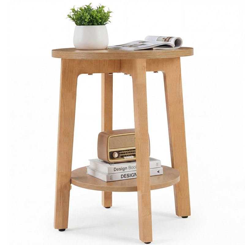 2-Tier Round Side Table with Tapered Legs, Small End Table for Living Room, Bedroom, Wood
