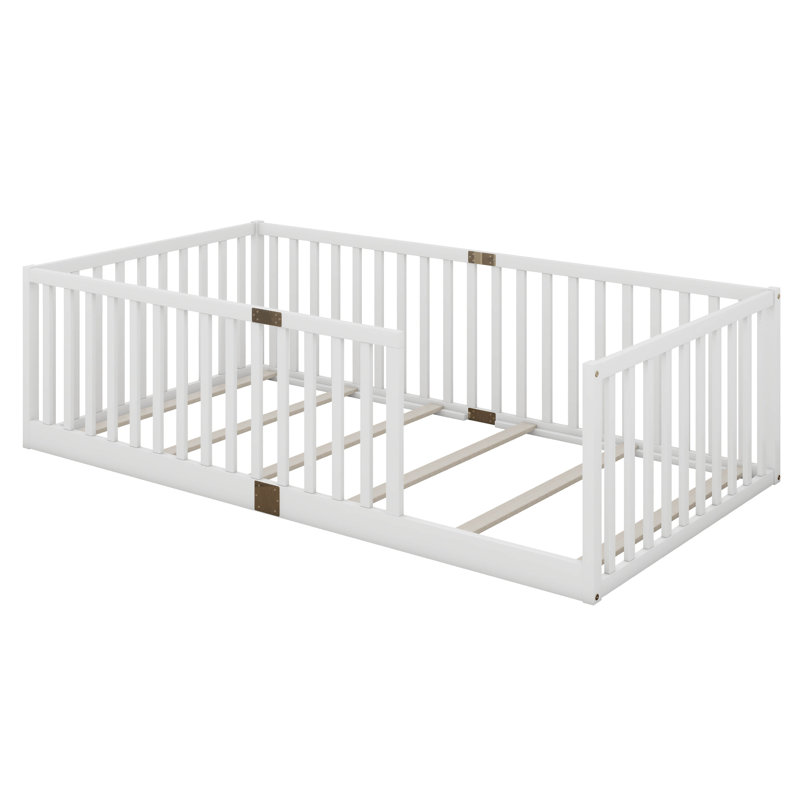 Lit sur pied Montessori avec garde-corps et lattes en bois, Blanc