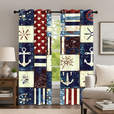 2Pcs Nautical Themed Curtains, Maritime Style Window Drapes, Retro Anchor and Ship Wheel Pattern Printed Grommet Curtains, Window Treatment for Bedroom Living Room Decor
