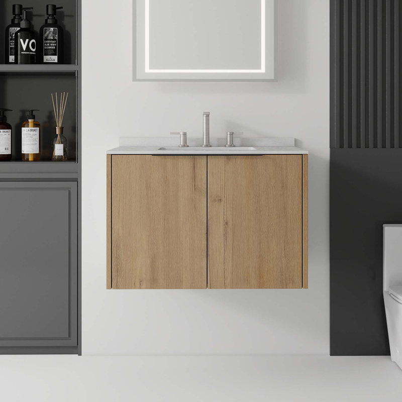 Meuble-lavabo flottant avec comptoir en marbre de culture et portes à fermeture en douceur, Chêne