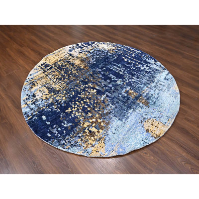 7'9"x7'9" Denim Blue with Mix of Gold, Modern Mosaic Design, Persian Knot, Denser Weave, Hand Knotted, Wool and Silk, Round, Oriental Rug