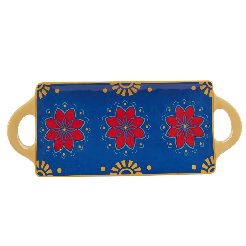 Southwestern Blue and Red Ceramic Rectangular Tray with Handles